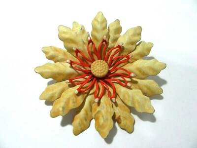 ORANGE CREAM WHITE ENAMEL FLOWER VINTAGE MID CENTURY PIN-image