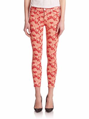 Hudson Jeans Red Orange Floral Print Nico Mid Rise Skinny Ankle Length SZ 28 New-image