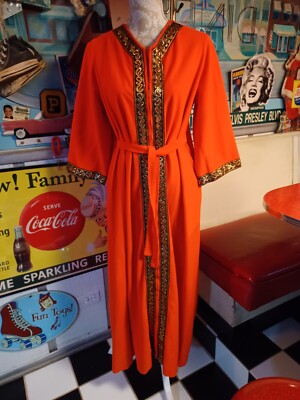 True Vintage Mid-century 1960s Orange Robe With Brocade Trim MCM MOD ONE SIZE-image