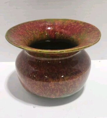 Mid-Century Green Yellow Orange Drip Glaze USA Pottery Spittoon Shape Vase -image