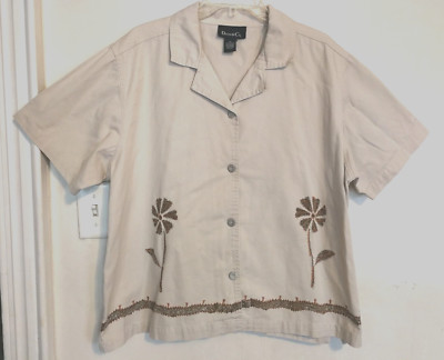 Denim & Co Womens Blouse 2X Plus Cream Brown Floral Button Up Denim Short Sleeve-image