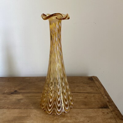 Vintage Mid 20thC Italian Murano white & Orange Wave Striped Glass Vase w/ Label-image