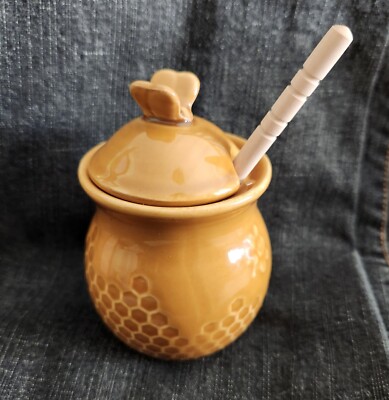 Small 3 Piece Yellow with Decorative Bees Stoneware Honey Jar By Creative co-op-image