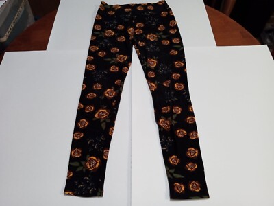 Lularoe Womens Black Orange Floral Soft Mid Rise Leggings One Size-image