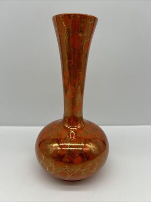 VTG Mid Century Two Tone Orange Gold Raindrop Luster Glaze Genie Vase Signed G-image