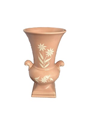Vintage Abingdon Vase Handmade Coral w/White Flowers Mid-Century 9