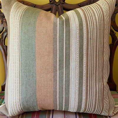 Ralph Lauren New Blue Mesa Stripe Desert Cotton Jute Blanket Stripe Pillow Cover-image