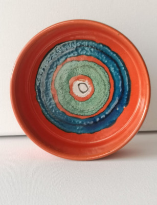 Vintage Studio Pottery Bowl – Mid-Century Modern Style – Orange with Concentric-image