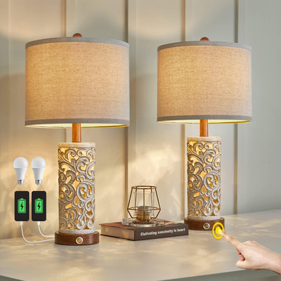 OYEARS 3-Way Dimmable 22'' USB A+C Touch Control Table Lamp Set of 2 Brown -2 -image
