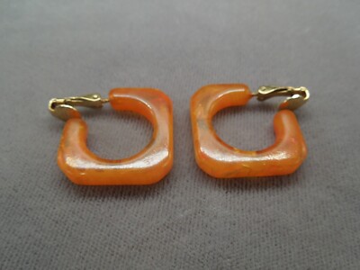 Vintage Mid Century Modern MCM Orange Bakelite Medium Hoop Clip Earrings-image