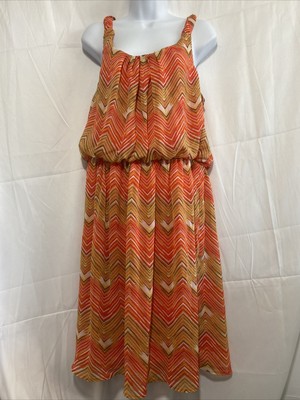 AGB Red Orange Sleeveless Chevron Zigzag Blouson Knee Length Dress, XL-image