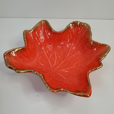 Vintage 1950s Orange / Brown Glazed Ceramic Leaf Dish Made In U.S.A. No. 727-image