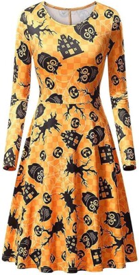 Halloween Pumpkin Vintage Women's Dress Long Sleeve Mid Length Orange Dress S-image