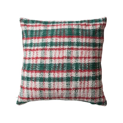 Square Woven Cotton Blend Pillow, Color, Plaid, Cream Red Green-image