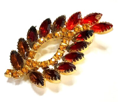 Vintage Mid Century Rhinestone Leaf Brooch Orange Prong Set Unsigned-image