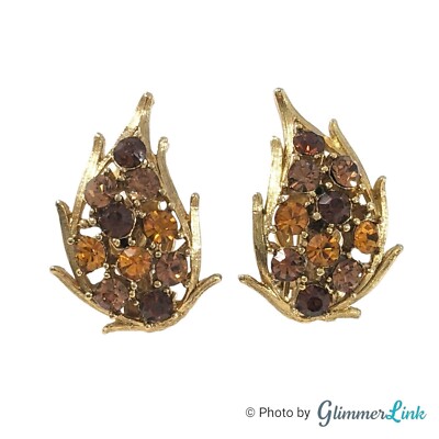 VTG Paisley Leaf Shaped Brown & Orange Rhinestones Gold Tone Clip On Earrings-image