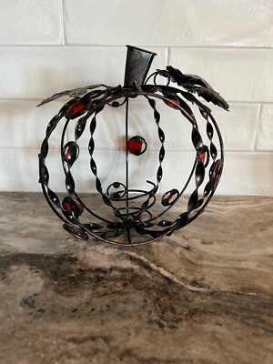 Metal Wire Pumpkin Candle Holder with Orange/Clear Glass Accents-image