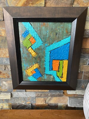 Mid Century Modern Abstract Acrylic Painting Blue Orange Green Yellow-image