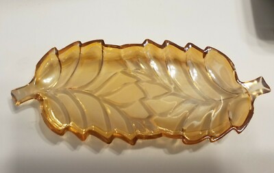 Lovely Vintage Iridescent Orange Amber Long Leaf Shaped Dish Carnival Glass -image