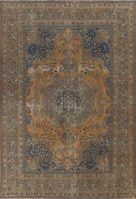 Overdyed Orange/ Gray Geometric Traditional Area Rug 8x11 Low Pile Wool Handmade-image