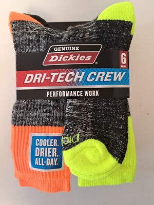 Dickies High Visibility 6 Pairs Crew Socks Yellow Orange Black Men's Size 6-12 -image
