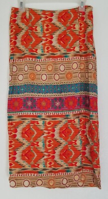 Evan-Picone Orange Multicolor Ikat Pattern Linen Blend Midi Skirt Size 6-image