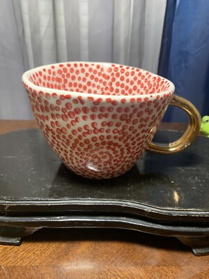Creative Co-Op Stoneware Mug w/ Red Dots Design & Gold Handle-image