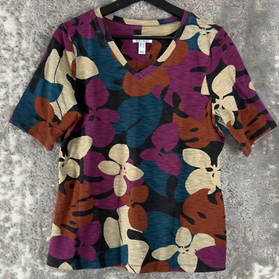 Denim & Co Womens Size S Floral Artsy V Neck Top Colorful Short Sleeve Pullover-image