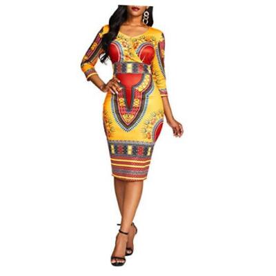  Mid-Calf V Neck Three Quarter Sleeve Print Women's Bodycon Dress X-Large Ochre-image