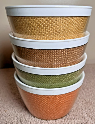 Vintage Raffia Bowls Burlap Mid Century Four 4 Brown Green Gold Orange Picnic-image