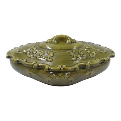 Lidded Covered Pottery Dish Green Orange Glaze 8