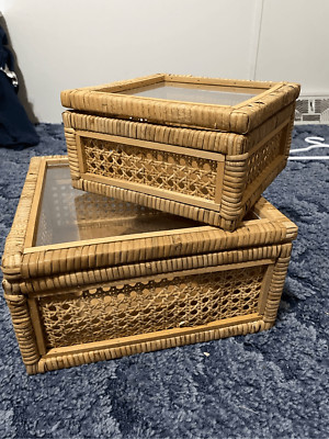 Creative Co-Op Cane and Rattan Display Boxes with Glass Lid, Set of 2-image