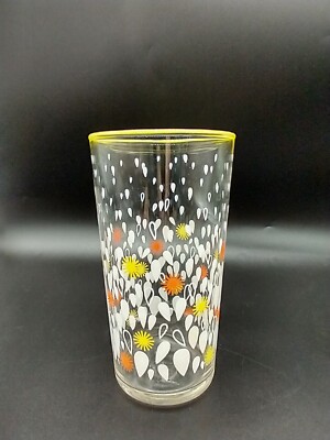 Libbey Tumbler Mid Century Orange Yellow Starbursts White Drops Replacement VTG-image