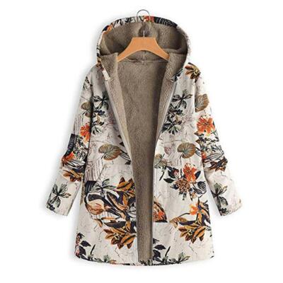 Women's Autumn Winter Casual Warm Zipper Printing Floral Hooded Mid Length Coat-image