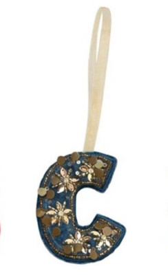 Creative Co-Op Monogram Initial Blue Velvet Beaded Ornament Letter 
