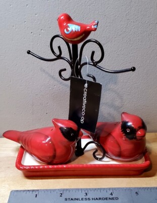 Creative Co-op Red Cardinal Salt & Pepper Shakers w/ Stand-image