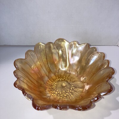 Vintage Indiana Iridescent Carnival Glass Sunflower Marigold Amber 7