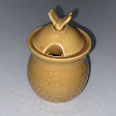 Creative Co-Op Small Yellow Decorative Bees Stoneware Honey Jar Only Bee Lid-image