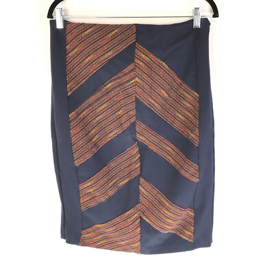 Eva Franco Pencil Skirt Colorblock Panels Stretch Navy Blue Orange Size L-image