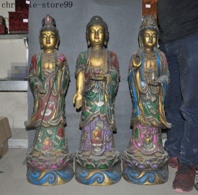 Old Tibet Buddhism Joss Bronze Gilt Painted Western Three Buddha Gods Statue Set-image
