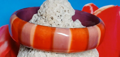 Vintage Mid Century Striped Orange, Lavender ad Yellow Lucite Bangle Bracelet-image