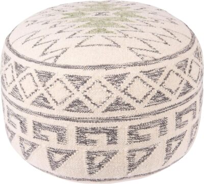 Creative Co-Op Boho Round Wool Blend Kilim Pouf with 20”, Cream, Grey & Green -image