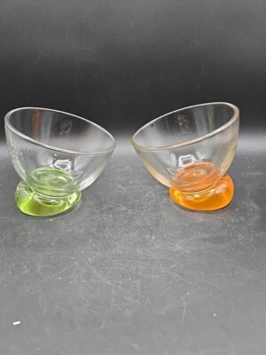 Mid Century Modern Heavy Bottom Bar Glasses Green Orange Tilted Set of 2. 6oz-image