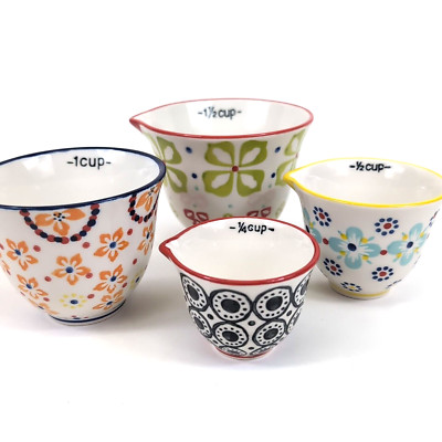 UNUSED Creative Co-Op Stoneware Set 4 Hand Painted Stamped Floral Measuring Cups-image