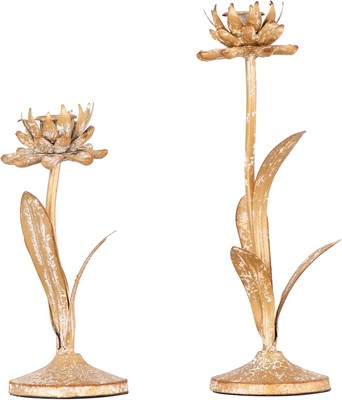 Creative Co-Op Cut Metal Flower Shaped Taper Candle Holder in White and Gold -image