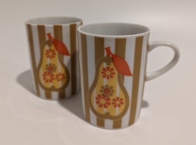 Pair of Vintage Mid Century Yellow Brown Orange Accent Striped Pear Mugs by JSC-image