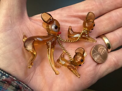 Vintage Glass Amber/Orange Deer And 2 Fawns On Chain -Mid Century-image
