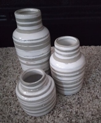 Sullivans Ceramic Striped Gray and White - Bottle Neck Vases Set-image