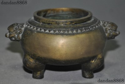 Marked Old Chinese Temple Joss Lion Foo dog Statue Tripod Incense burner Censer-image