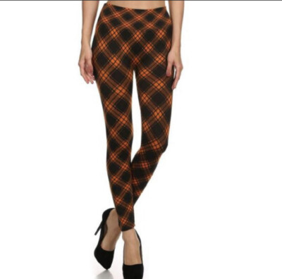Mid Waist Plaid Print Seamless Body shaping, fleece, legging, orange, and Black-image
